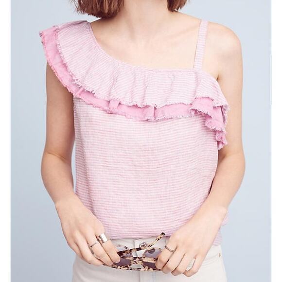 Anthropologie Ruffled Linen One-Shoulder Top MP M PETITE boho glam frill summer - Picture 2 of 8